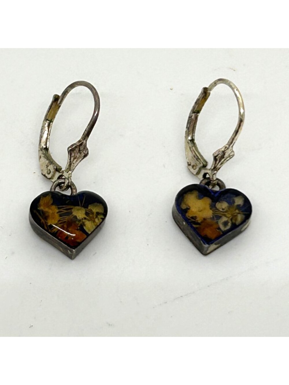 Vintage Sterling Silver Heart Lever-Back Earrings With Pressed Flower Resin